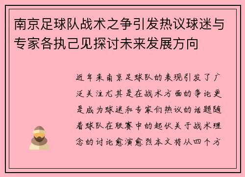 南京足球队战术之争引发热议球迷与专家各执己见探讨未来发展方向